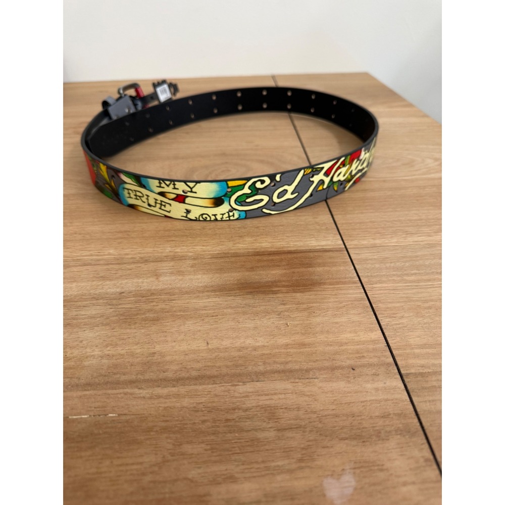 Ed Hardy Mens Tattoo Graphic Studded Belt Grey Skull Rose Size 38